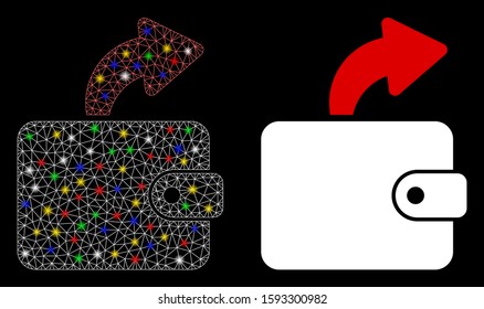 Bright mesh spend cash icon with sparkle effect. Abstract illuminated model of spend cash. Shiny wire carcass triangular mesh spend cash icon. Vector abstraction on a black background.