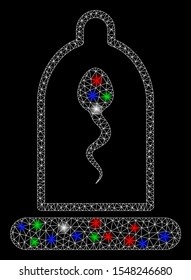 Bright mesh sperm in condom with lightspot effect. White wire carcass polygonal mesh in vector format on a black background. Abstract 2d mesh designed with polygonal grid, round dots,
