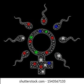 Bright mesh sperm fertilization with lightspot effect. White wire frame triangular network in vector format on a black background. Abstract 2d mesh designed with triangular lines, spheric points,