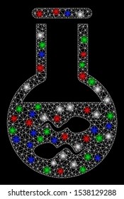 Bright mesh sperm flask with glare effect. White wire frame polygonal network in vector format on a black background. Abstract 2d mesh created from polygonal grid, points, colorful glare spots.