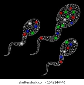 Bright mesh sperm with glare effect. White wire frame triangular network in vector format on a black background. Abstract 2d mesh designed with triangular lines, dots, colorful glare spots.