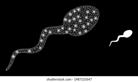 Bright mesh sperm with glowing spots. Vector carcass created from sperm icon. Constellation carcass mesh sperm on a black background.