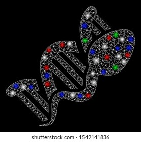 Bright mesh sperm replication with glow effect. White wire carcass polygonal mesh in vector format on a black background. Abstract 2d mesh designed with triangles, small circle, colorful flare spots.