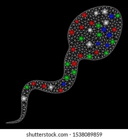Bright mesh spermatozoon with glare effect. White wire frame polygonal mesh in vector format on a black background. Abstract 2d mesh built from triangular lines, spheric points, colorful glare spots.