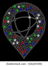 Bright mesh sphere marker with glare effect. White wire frame polygonal mesh in vector format on a black background. Abstract 2d mesh created from polygonal grid, dots, colored light spots.