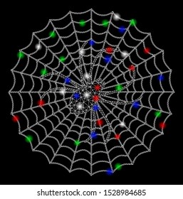 Bright mesh spider net with glare effect. White wire carcass triangular mesh in vector format on a black background. Abstract 2d mesh designed with polygonal grid, dots, colorful glare spots.