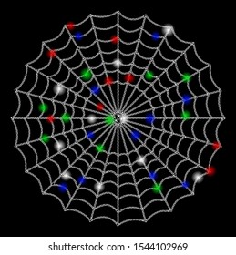 Bright mesh spider web with glow effect. White wire frame polygonal mesh in vector format on a black background. Abstract 2d mesh designed with polygonal grid, spheric points, colorful glare spots.