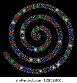 Bright mesh spiral with glare effect. White wire frame triangular mesh in vector format on a black background. Abstract 2d mesh built from triangular lines, spheric points, colored glare spots.