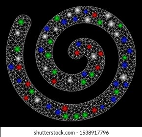 Bright mesh spiral with lightspot effect. White wire frame polygonal mesh in vector format on a black background. Abstract 2d mesh designed with polygonal grid, dots, colorful glare spots.