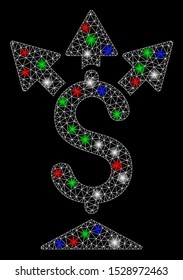 Bright mesh split payment with glare effect. White wire carcass polygonal mesh in vector format on a black background. Abstract 2d mesh designed with polygonal grid, points, colorful light spots.