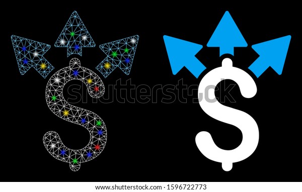 Bright mesh split payment icon with sparkle\
effect. Abstract illuminated model of split payment. Shiny wire\
carcass polygonal mesh split payment icon. Vector abstraction on a\
black background.