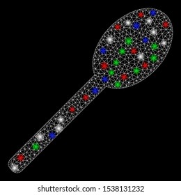 Bright mesh spoon with glare effect. White wire carcass polygonal mesh in vector format on a black background. Abstract 2d mesh created from polygonal grid, dots, colorful glare spots.