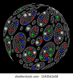 Bright mesh spotted abstract sphere with glare effect. White wire frame polygonal mesh in vector format on a black background. Abstract 2d mesh built from polygonal grid, points, colorful glare spots.