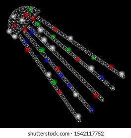 Bright mesh spray source with glare effect. White wire frame triangular mesh in vector format on a black background. Abstract 2d mesh built from triangles, dots, colorful glare spots.
