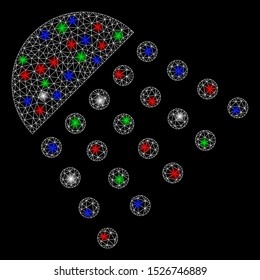 Bright mesh spray tool with glare effect. White wire carcass triangular network in vector format on a black background. Abstract 2d mesh designed with triangular lines, dots, colored glare spots.