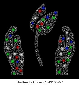 Bright mesh sprout care hands with glare effect. White wire carcass polygonal mesh in vector format on a black background. Abstract 2d mesh designed with polygonal grid, points, colorful flare spots.
