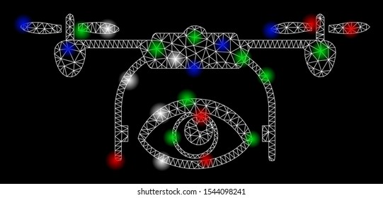 Bright mesh spy drone with glow effect. White wire frame polygonal mesh in vector format on a black background. Abstract 2d mesh designed with polygonal grid, dots, colored flare spots.