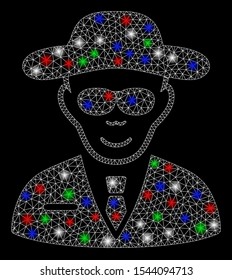 Bright mesh spy with glare effect. White wire carcass triangular mesh in vector format on a black background. Abstract 2d mesh created from triangular lines, points, colored glare spots.