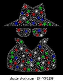 Bright mesh spy with glare effect. White wire frame triangular network in vector format on a black background. Abstract 2d mesh designed with polygonal grid, round dots, colorful glare spots.
