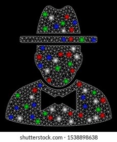 Bright mesh spy with glow effect. White wire carcass triangular mesh in vector format on a black background. Abstract 2d mesh designed with polygonal grid, small circle, colorful light spots.
