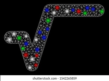 Bright mesh sqrt with glow effect. White wire carcass polygonal mesh in vector format on a black background. Abstract 2d mesh designed with polygonal grid, dots, colorful flare spots.