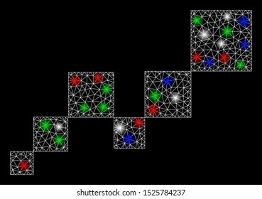 Bright mesh square blockchain with glow effect. White wire frame polygonal mesh in vector format on a black background. Abstract 2d mesh designed with polygonal grid, points, colorful light spots.