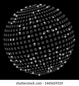 Bright mesh square dotted abstract sphere with glare effect. Abstract illuminated model of square dotted abstract sphere icon. Shiny wire frame triangular mesh square dotted abstract sphere.