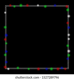 Bright mesh square frame with glare effect. White wire frame polygonal mesh in vector format on a black background. Abstract 2d mesh built from polygonal grid, dots, colored flare spots.