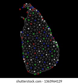 Bright mesh Sri Lanka Island map with glare effect. Wire frame polygonal mesh in vector format on a black background. Abstract 2d mesh designed with triangular lines, small circle,