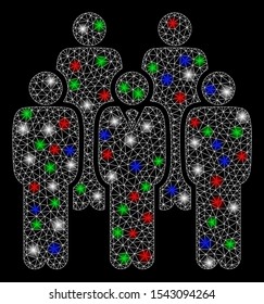 Bright mesh staff with lightspot effect. White wire frame polygonal mesh in vector format on a black background. Abstract 2d mesh designed with polygonal grid, spheric points, colorful glare spots.