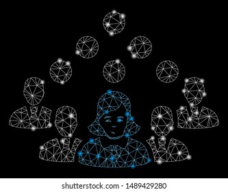 Bright mesh staff team with glitter effect. Abstract illuminated model of staff team icon. Shiny wire carcass polygonal mesh staff team. Vector abstraction on a black background.