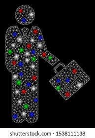 Bright mesh standing businessman with glare effect. White wire frame triangular mesh in vector format on a black background. Abstract 2d mesh built from triangles, round dots, colorful glare spots.