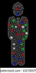 Bright mesh standing engineer with lightspot effect. White wire carcass polygonal mesh in vector format on a black background. Abstract 2d mesh designed with polygonal grid, round dots,