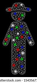 Bright mesh standing gentleman with glow effect. White wire carcass polygonal mesh in vector format on a black background. Abstract 2d mesh designed with polygonal grid, round dots,