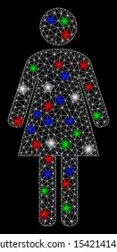 Bright mesh standing woman with glare effect. White wire carcass triangular mesh in vector format on a black background. Abstract 2d mesh designed with triangular lines, round dots,