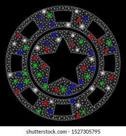 Bright mesh star casino chip with glare effect. White wire carcass triangular mesh in vector format on a black background. Abstract 2d mesh created from triangular lines, small circle,