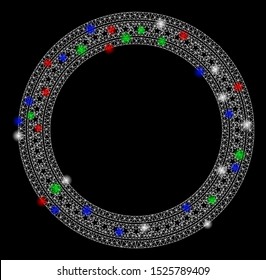 Bright mesh star circle frame with glare effect. White wire frame polygonal mesh in vector format on a black background. Abstract 2d mesh designed with polygonal grid, points, colored flash spots.