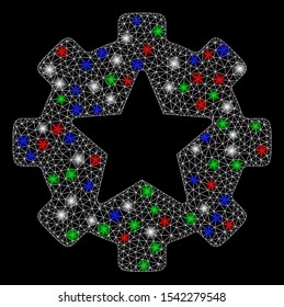 Bright mesh star favorites options gear with glow effect. White wire frame triangular network in vector format on a black background. Abstract 2d mesh designed with triangular lines, points,