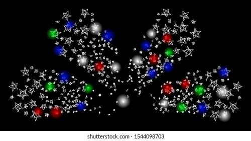 Bright mesh star fireworks fountain with glow effect. White wire carcass polygonal mesh in vector format on a black background. Abstract 2d mesh designed with polygonal grid, small circle,