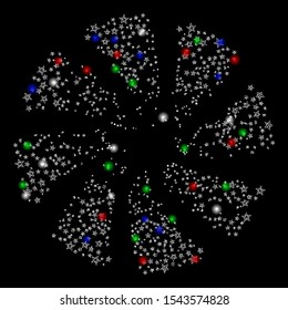 Bright mesh star fireworks swirl with glow effect. White wire frame polygonal network in vector format on a black background. Abstract 2d mesh designed with polygonal grid, spheric points,