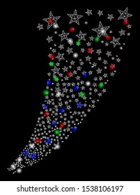 Bright mesh star fountain with glow effect. White wire frame triangular mesh in vector format on a black background. Abstract 2d mesh created from triangular lines, round dots, colorful flash spots.