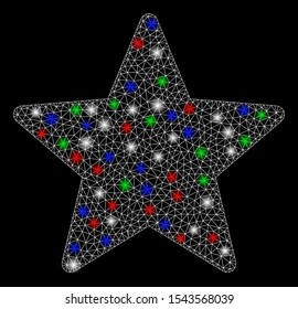 Bright mesh star with lightspot effect. White wire frame polygonal mesh in vector format on a black background. Abstract 2d mesh designed with triangles, small circle, colorful glare spots.