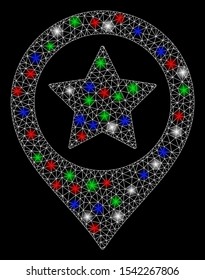 Bright mesh star map marker with glare effect. White wire frame polygonal mesh in vector format on a black background. Abstract 2d mesh built from polygonal grid, small circle, colored flash spots.