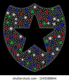 Bright mesh star shield with lightspot effect. White wire frame triangular network in vector format on a black background. Abstract 2d mesh designed with triangular lines, small circle,