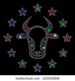 Bright mesh starred bull with glow effect. White wire carcass triangular mesh in vector format on a black background. Abstract 2d mesh designed with triangular lines, dots, colorful glare spots.