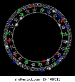 Bright mesh starred round frame with glow effect. White wire frame polygonal mesh in vector format on a black background. Abstract 2d mesh designed with polygonal grid, small circle,