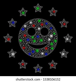 Bright mesh starred smile with glare effect. White wire carcass triangular mesh in vector format on a black background. Abstract 2d mesh designed with triangles, small circle, colorful light spots.