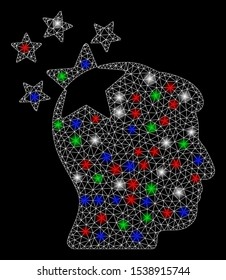 Bright mesh stars hit head with lightspot effect. White wire carcass triangular mesh in vector format on a black background. Abstract 2d mesh designed with triangular lines, points,