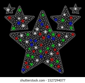 Bright mesh stars hit parade with glare effect. White wire carcass polygonal mesh in vector format on a black background. Abstract 2d mesh built from polygonal grid, dots, colored glare spots.