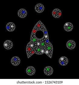 Bright mesh startup with glow effect. White wire carcass polygonal mesh in vector format on a black background. Abstract 2d mesh designed with polygonal grid, round dots, colorful flare spots.